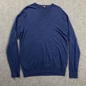 Uniqlo‎ Sweater Mens Large Blue V-Neck Pullover Casual 100% Wool Adults